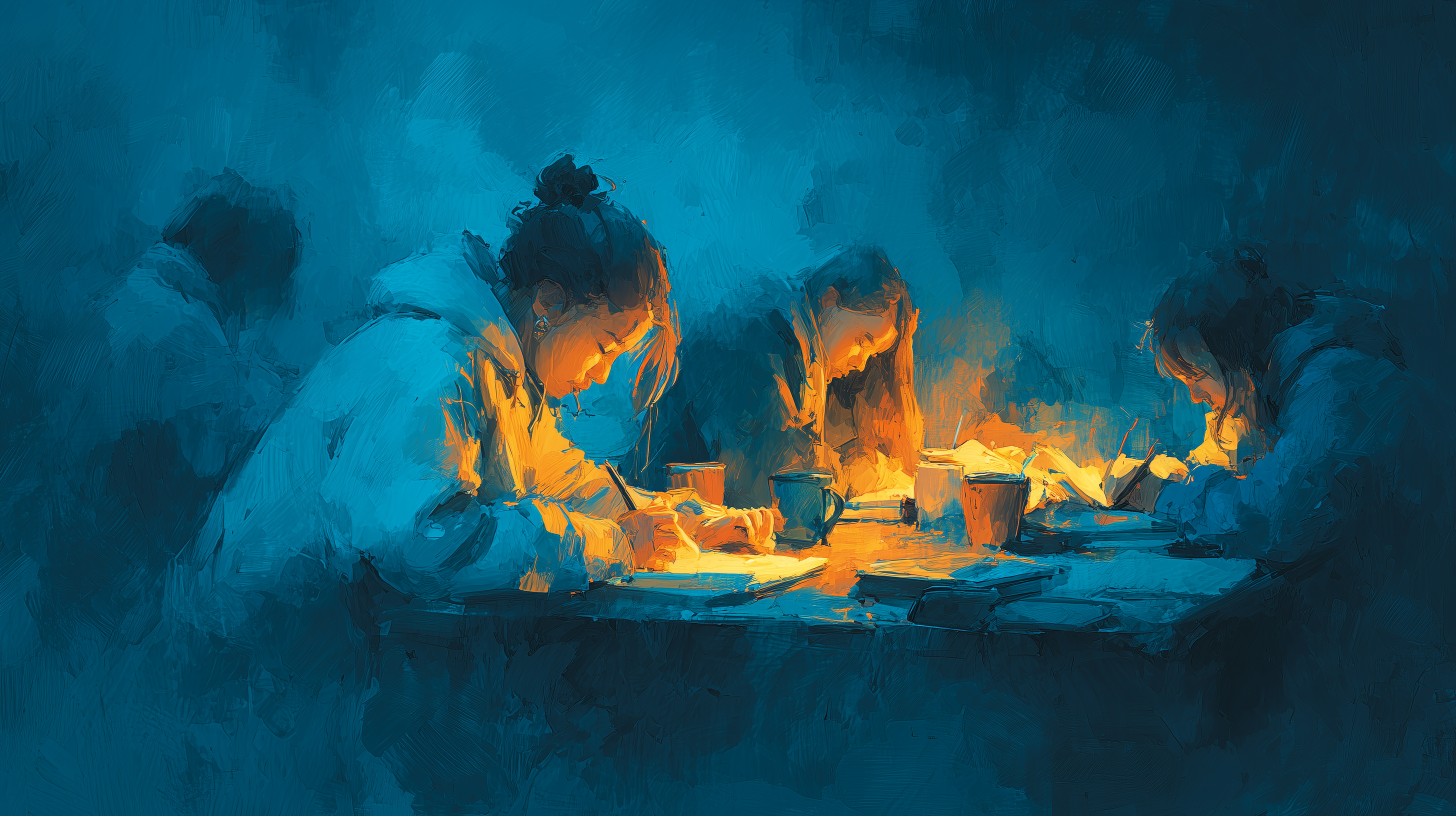 A moody late-night room filled with focused people working beneath warm lamps