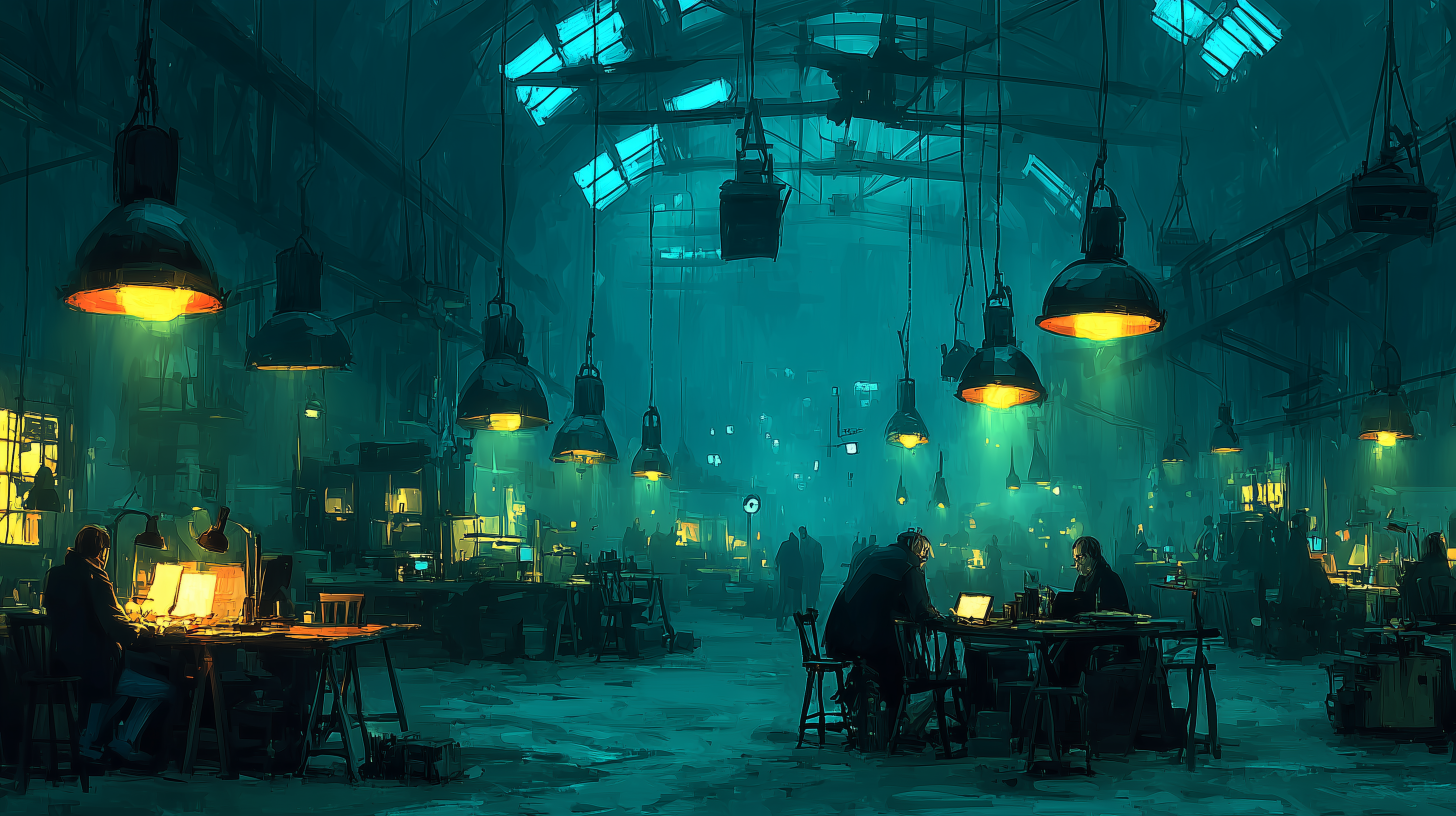 A moody late-night study and writing scene beneath warm lamps