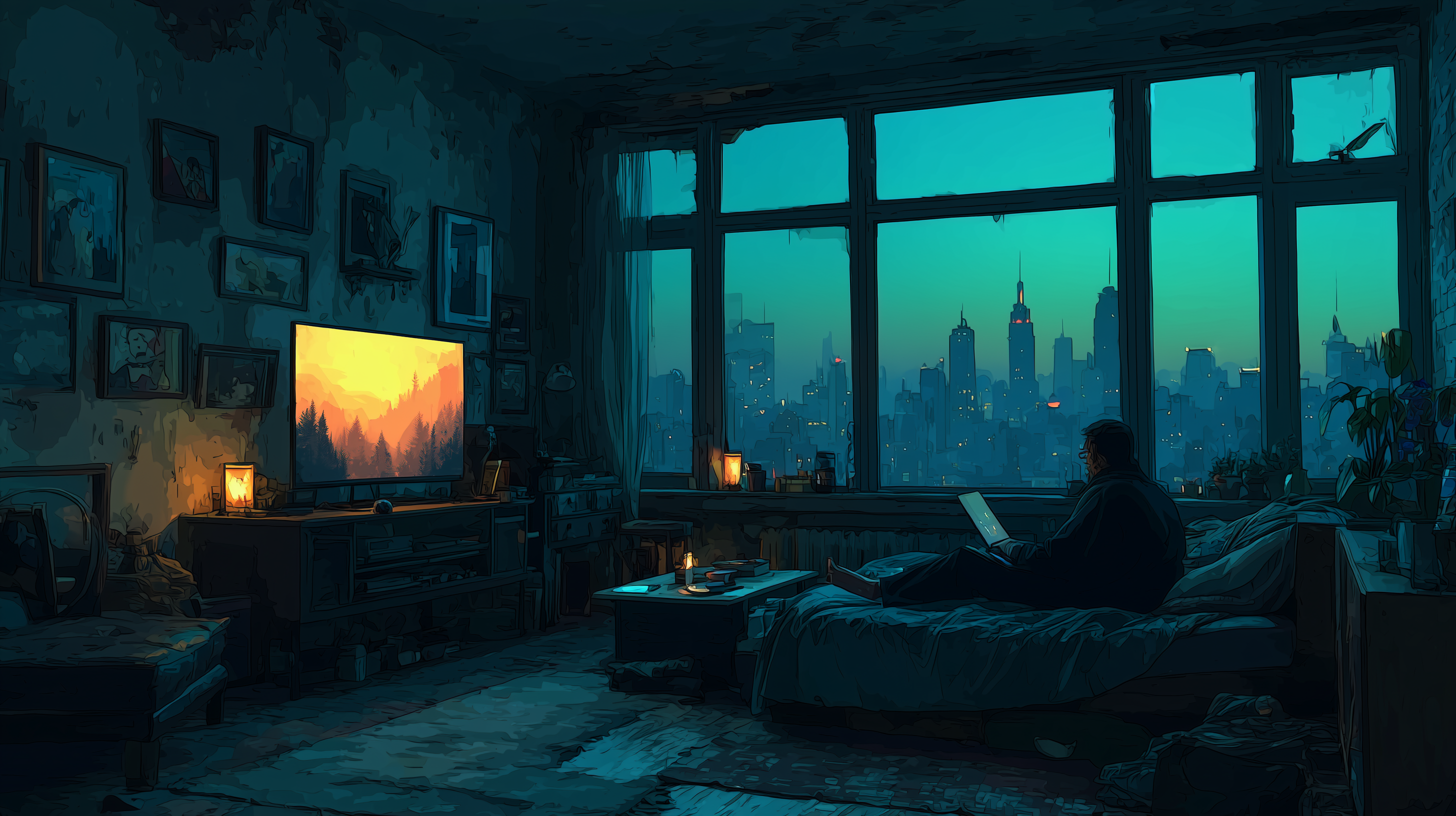 A moody late-night room lit by warm lamps, evoking structure and focus